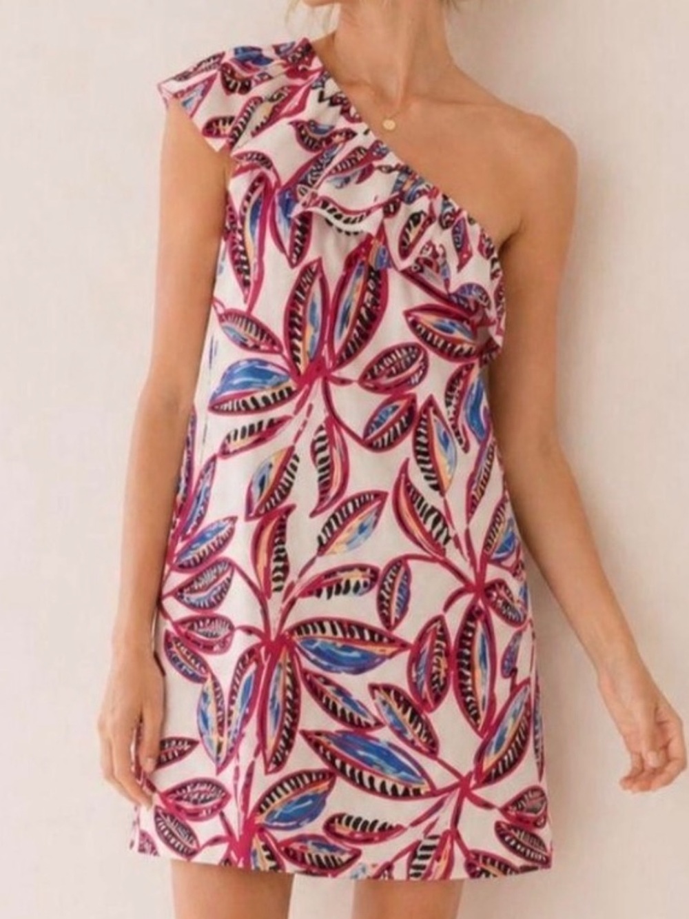 J. Crew One-Shoulder Ruffle Dress White with Pink and Blue Leaf Print Sz XL NWT